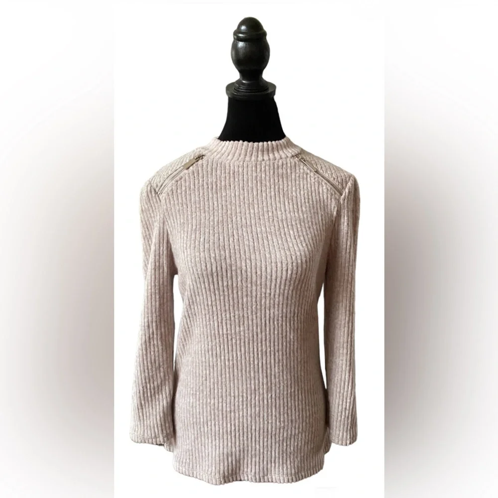 Olivia Blu: Cream Tan Soft Sweater with Zippers at Collar